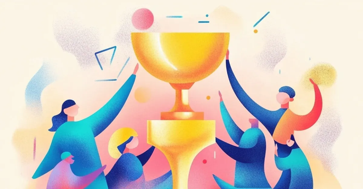 Abstract illustration of diverse people lifting a large golden trophy together.