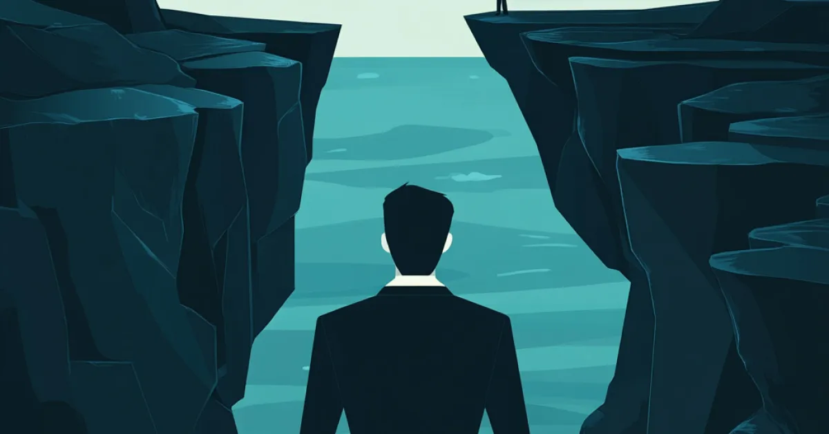 A person in a suit stands between cliffs, facing the sea and a distant figure.