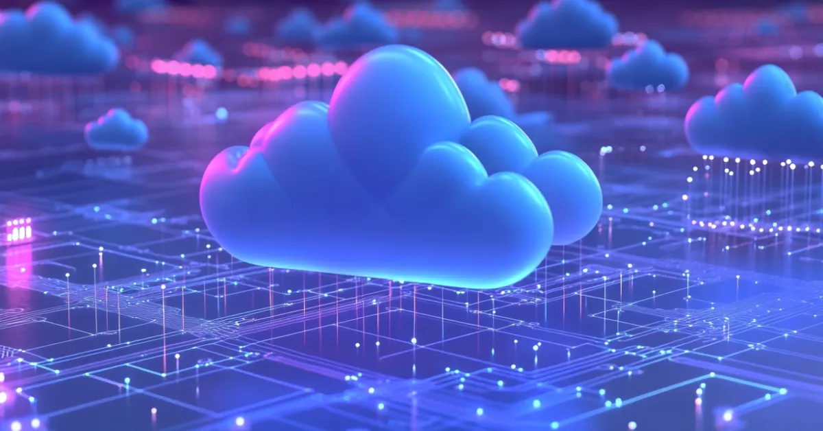 Digital cloud icon hovering over a glowing network grid with pink and blue lights.