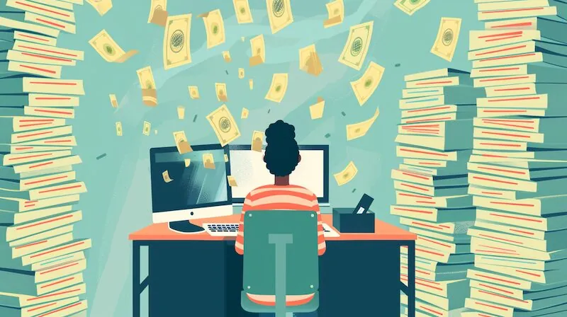 Person at desk with two monitors surrounded by flying money and stacks of books.