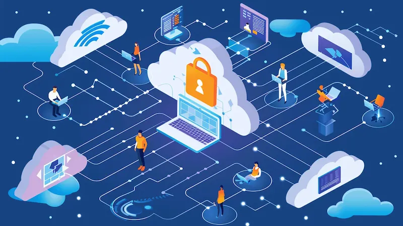 Illustration of cloud computing network with people, devices, and security elements interconnected.