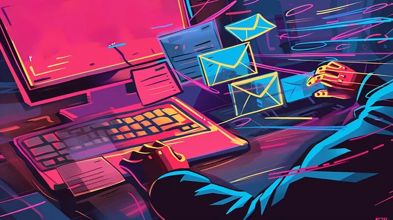 Stylized digital art of a person typing with email icons flying from the screen.