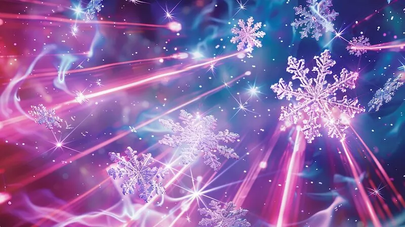 Colorful snowflakes and light beams in a vibrant, cosmic setting.