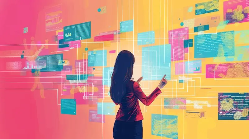 A woman interacting with a colorful digital interface on a vibrant wall.