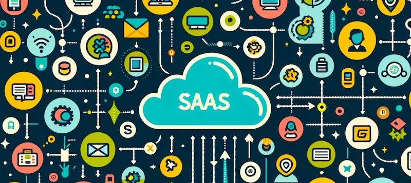 Cloud labeled "SAAS" surrounded by technology and communication icons on a dark background.