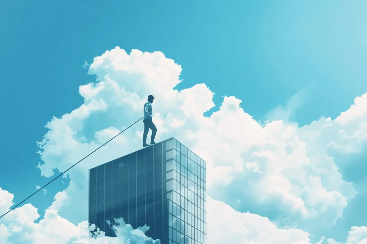 Person balancing on top of a skyscraper against a backdrop of clouds.