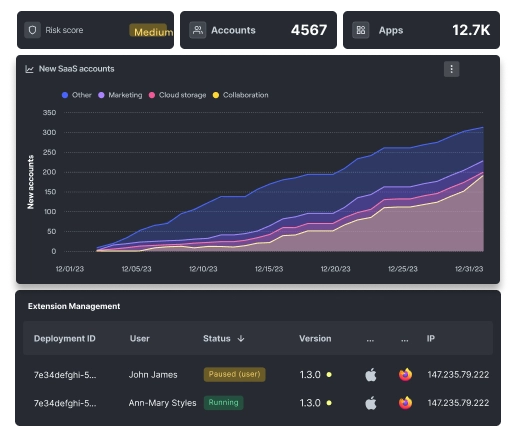 SaaS dashboard showing risk score, accounts and apps