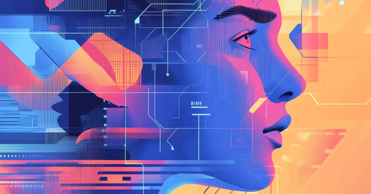 Futuristic digital art of a persons profile, infused with geometric shapes and circuit patterns reflecting AI governance themes, in vibrant blue, pink, and orange hues.