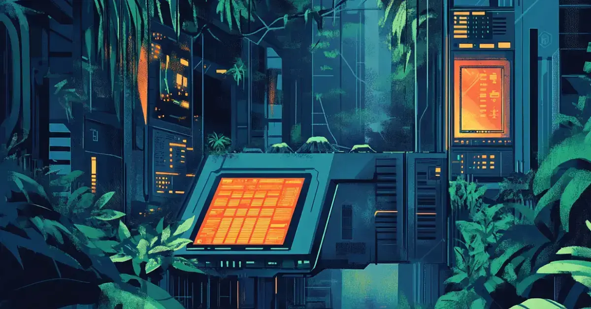 A futuristic control panel surrounded by lush, overgrown vegetation and illuminated screens, set in a dimly lit, sci-fi atmosphere.