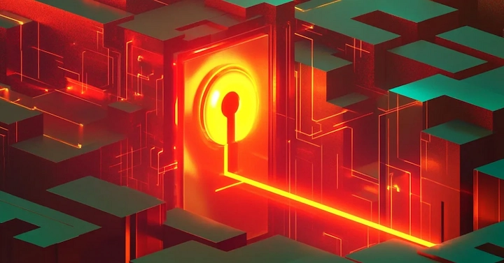 Futuristic digital artwork depicting a glowing red lock within a maze of geometric shapes and circuitry elements, echoing the complexity of credential-based attacks like the PowerSchool breach.