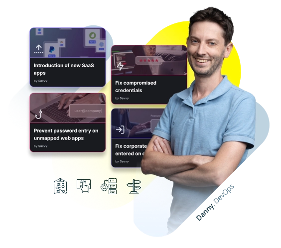 Smiling person in a blue shirt standing in front of four cybersecurity-themed cards and icons.